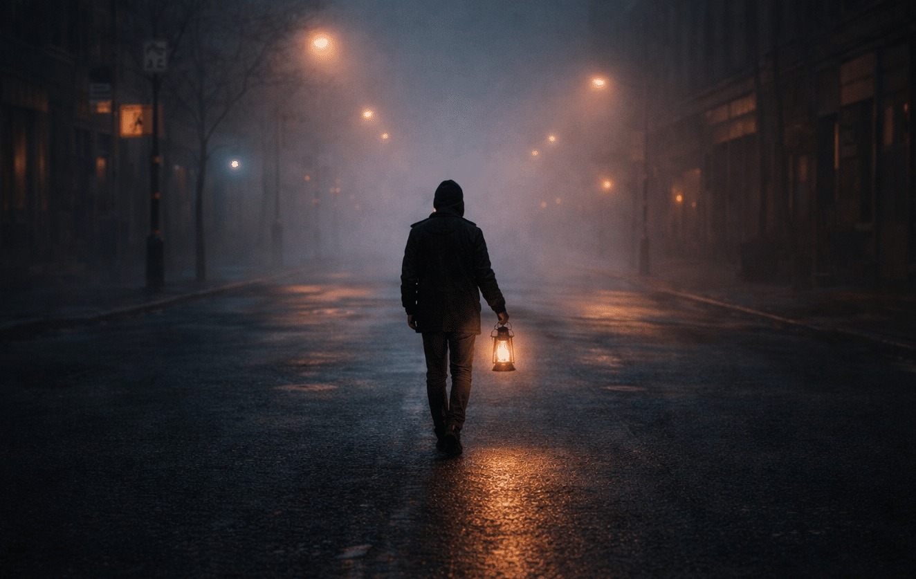 Homme seul avec une lanterne